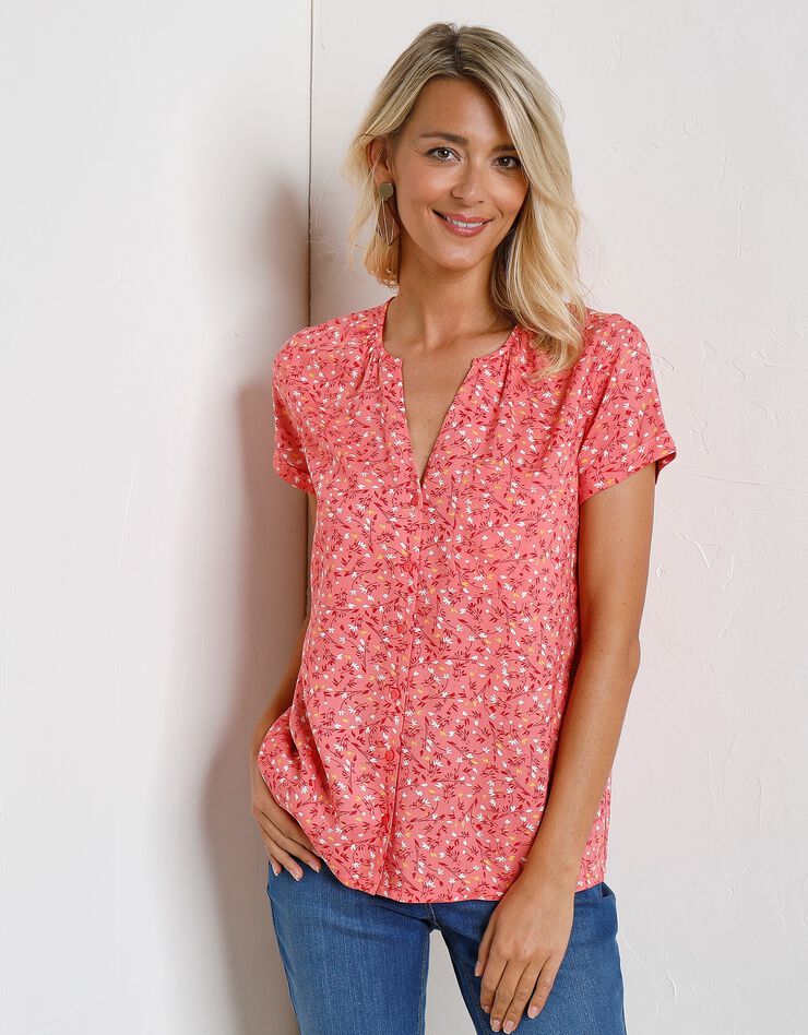 Blouse boutonnée en viscose imprimée, manches courtes (corail grisé) Blouse boutonnée en viscose imprimée, manches courtes (corail grisé)