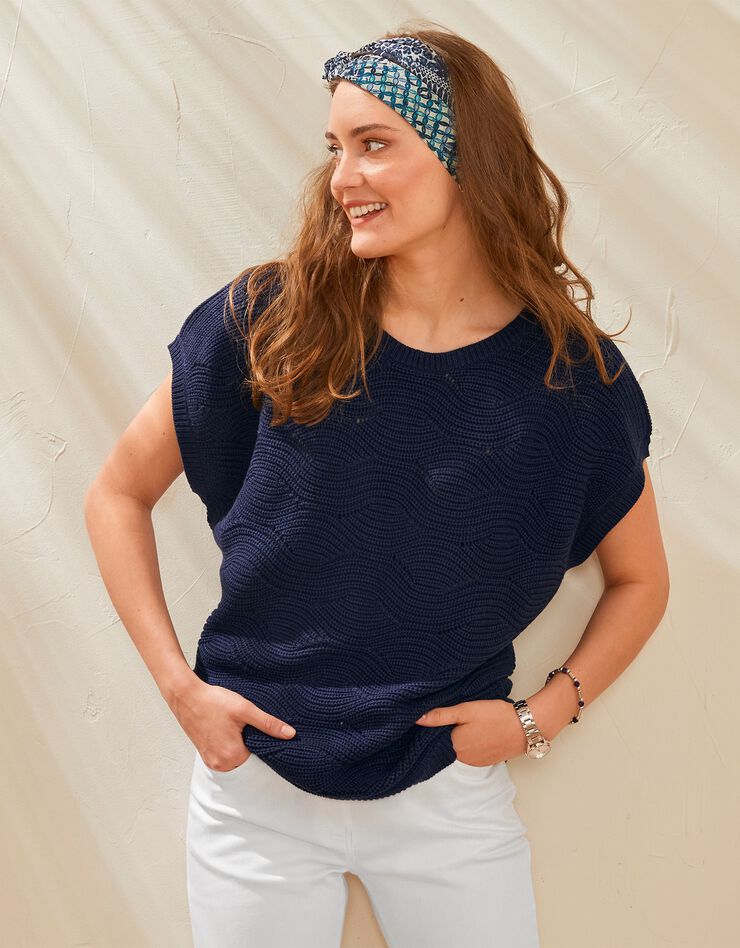 Pull manches courtes, maille fantaisie (marine) Pull manches courtes, maille fantaisie (marine)
