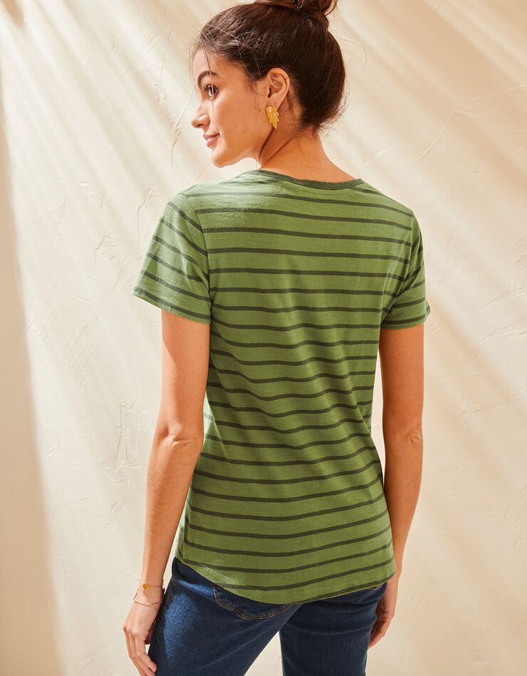 Tee-shirt col V rayé bicolore (kaki / vert)