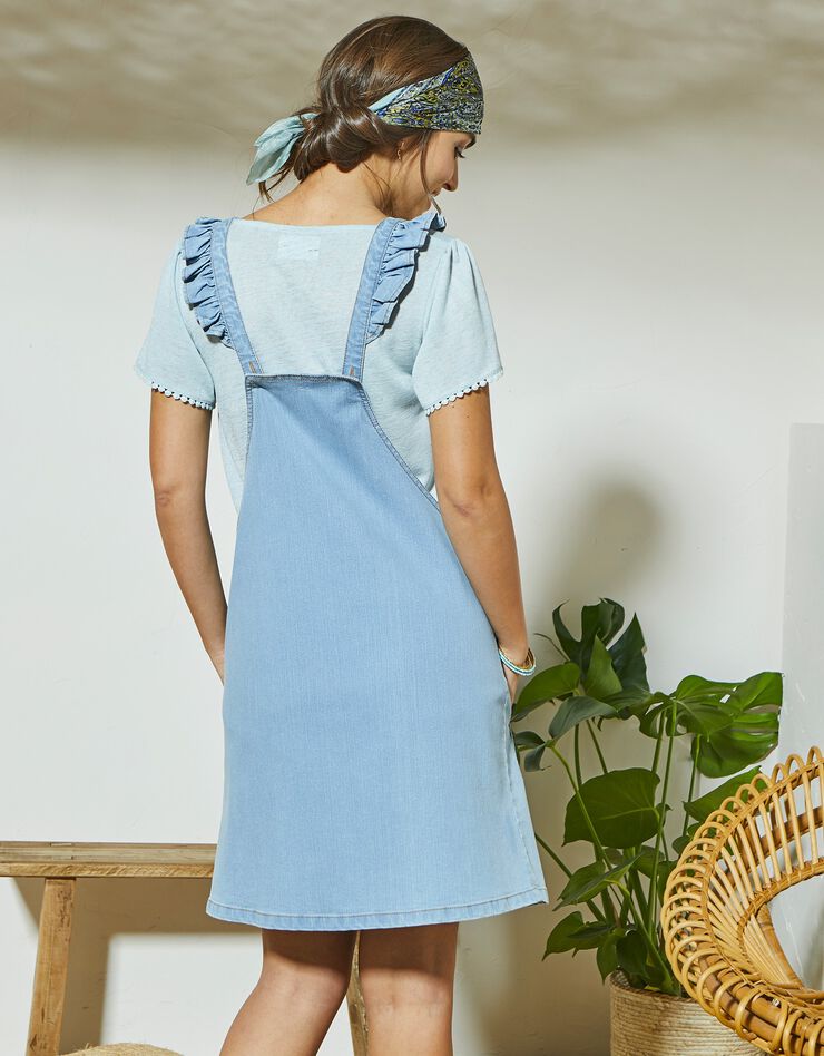 Robe salopette bretelles volantées en jean (bleached)