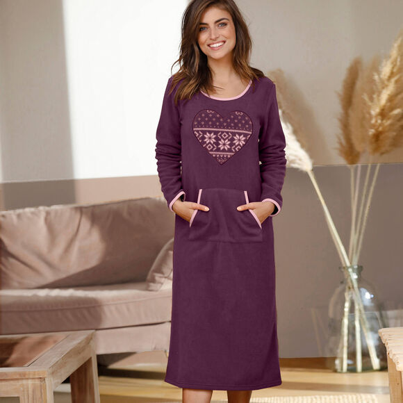 Chemise de nuit polaire imprim&eacute; coeur manches longues (prune)