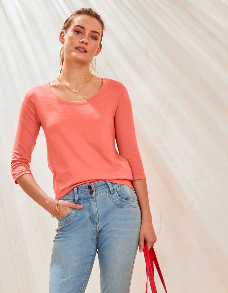 Tee-shirt manches 3/4 col rond uni coton (mandarine) Tee-shirt manches 3/4 col rond uni coton (mandarine)