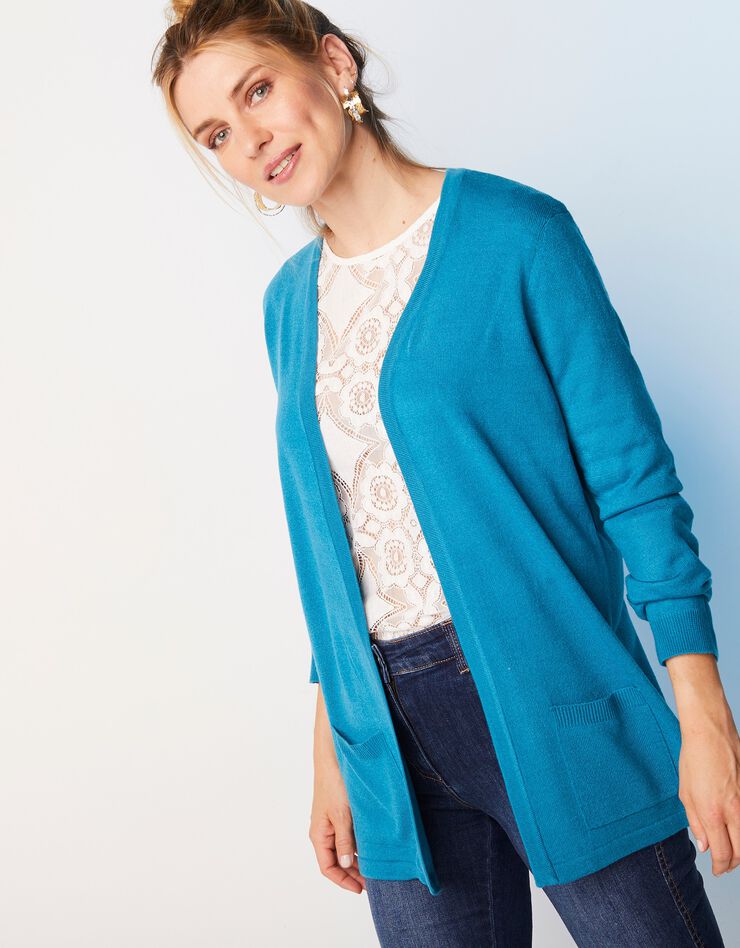 Gilet porter ouvert toucher cachemire (bleu prusse) Gilet porter ouvert toucher cachemire (bleu prusse)