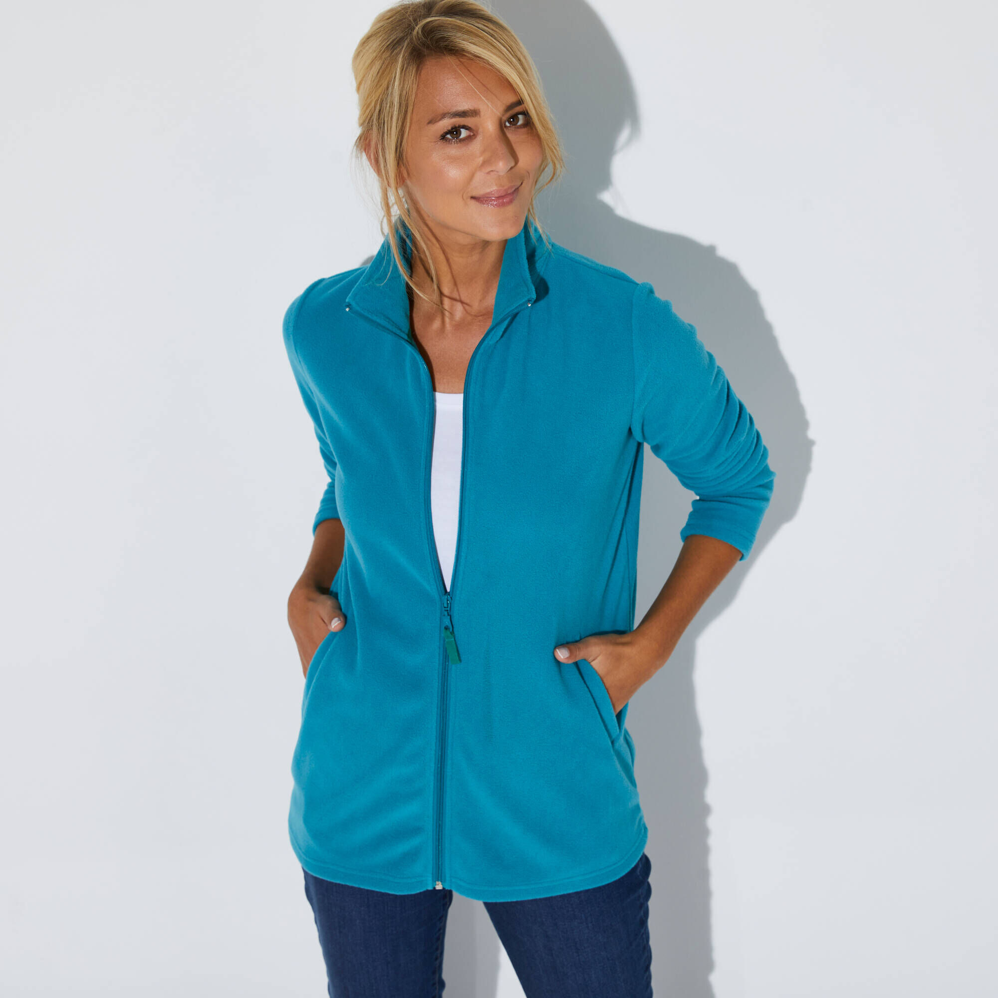 Veste polaire zippée manches longues, vert foncé