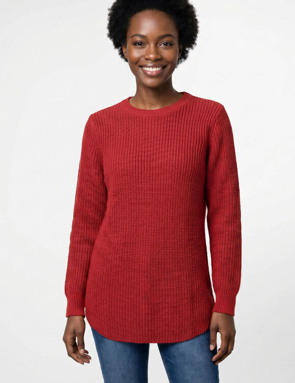 Pull tunique &eacute;vas&eacute; col rond, maille anglaise (framboise)