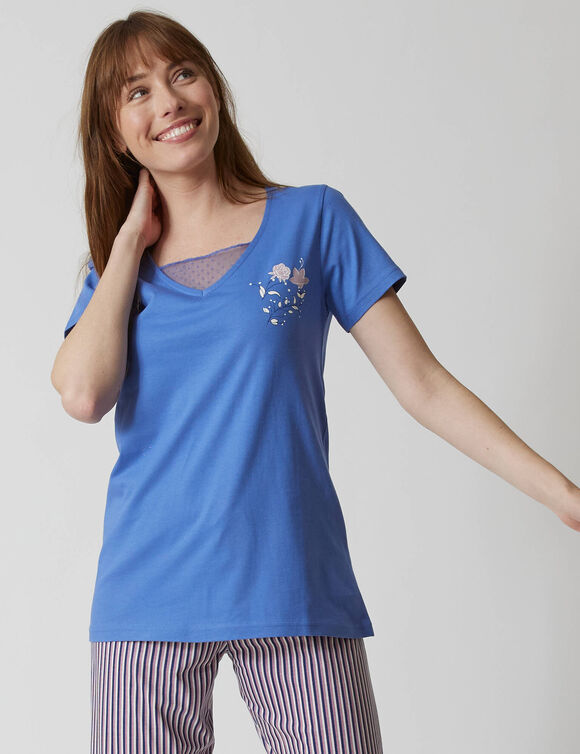 T- shirt pyjama manches courtes motif floral imprimé  (bleu jean)