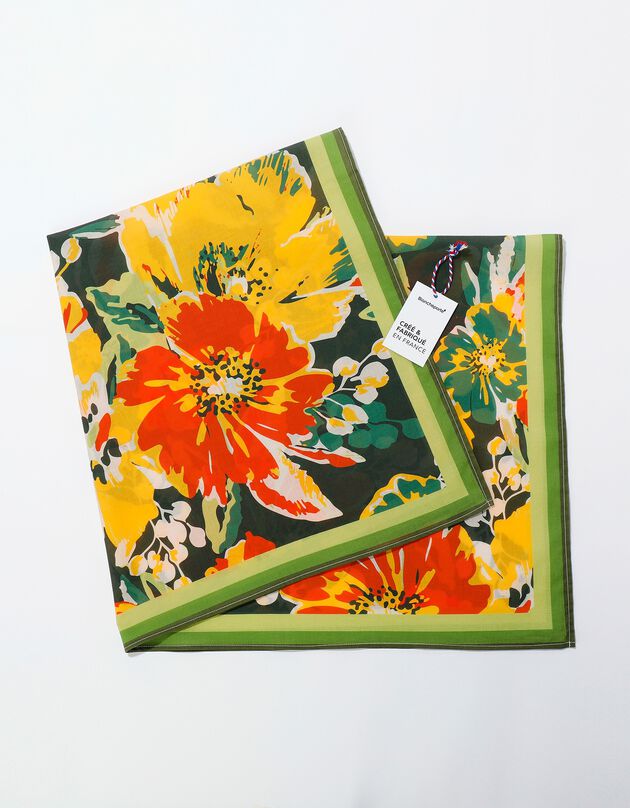 Foulard fabriqué en France imprimé fleurs, 100 x 100 cm  - coton (vert / orange)