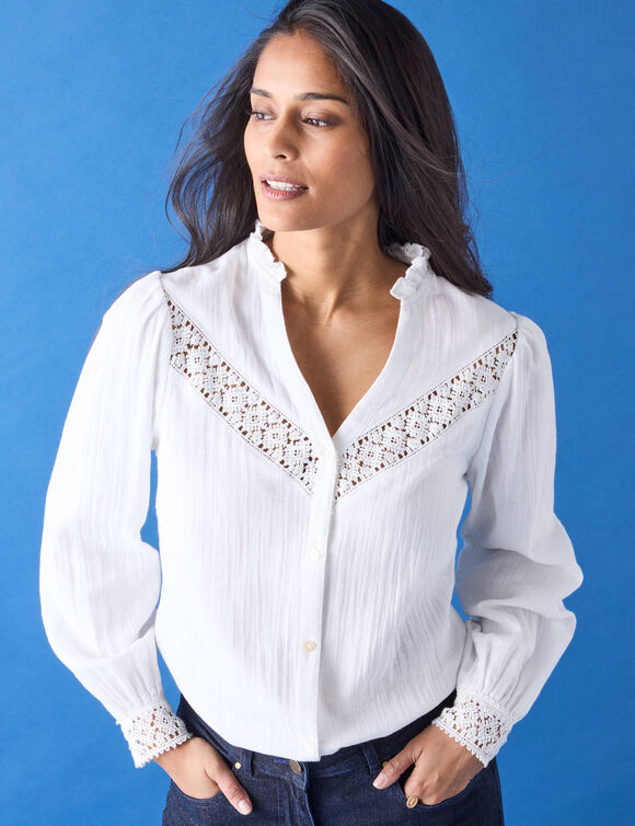 Chemisier boutonné macramé, gaze de coton (blanc)