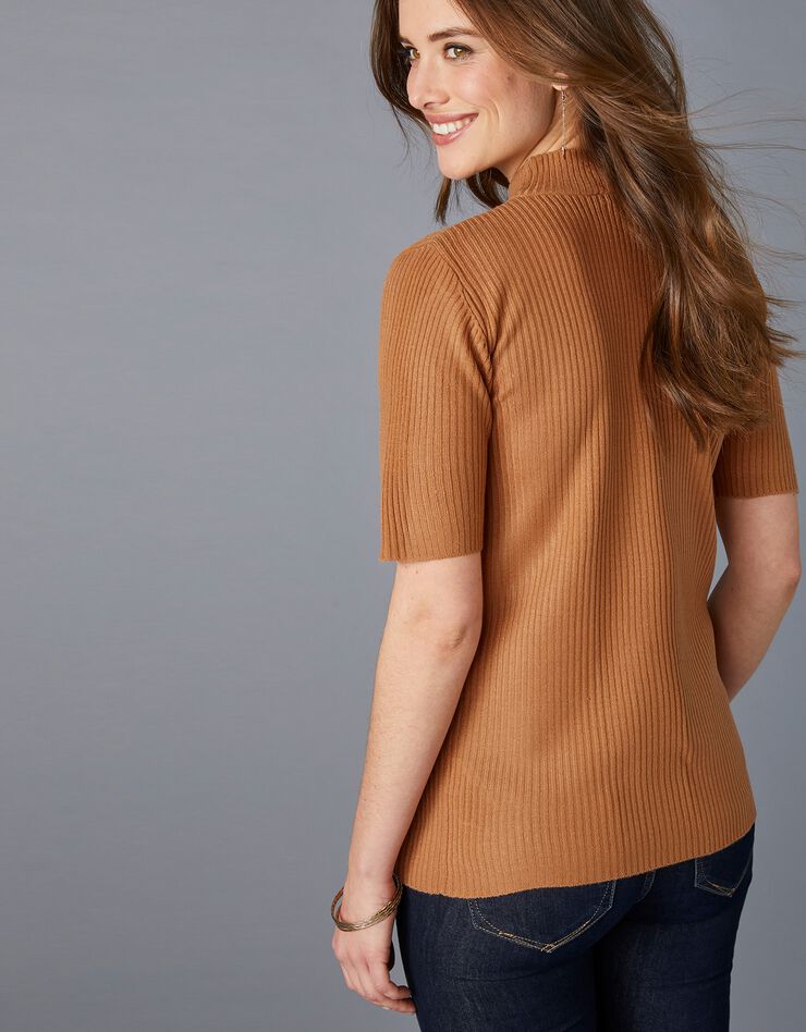 Pull col montant manches courtes maille côtelée (caramel) Pull col montant manches courtes maille côtelée (caramel)