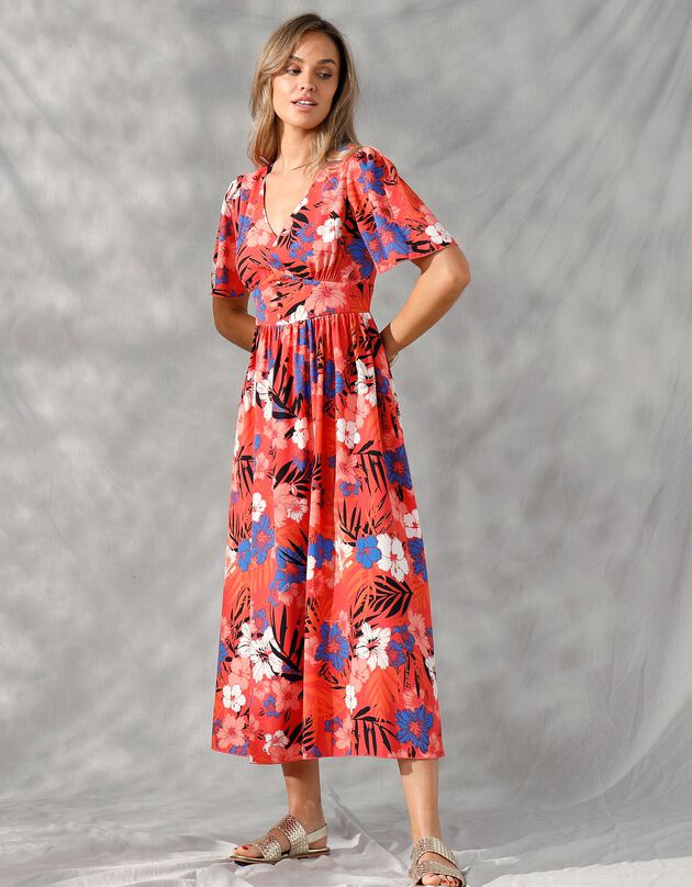 Robe longue évasée, imprimé floral (corail)