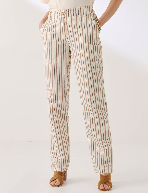 Pantalon coupe mom coton-lin ray&eacute; (&eacute;cru / chocolat)