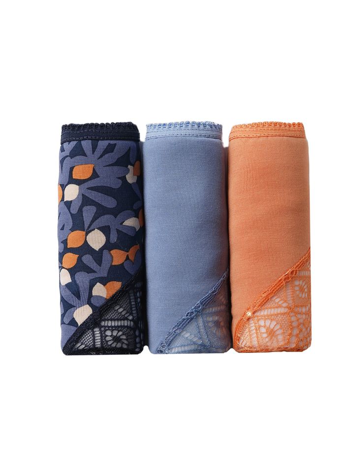 Culotte forme maxi coton stretch imprimé "fruits" et dentelle  - lot de 3 (marine + bleu + orange)