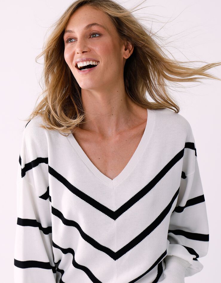 Pull rayures graphiques manches chauve-souris (blanc / noir)