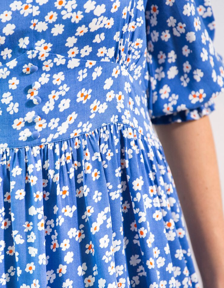 Robe imprimée col V base évasée (bleu / écru)