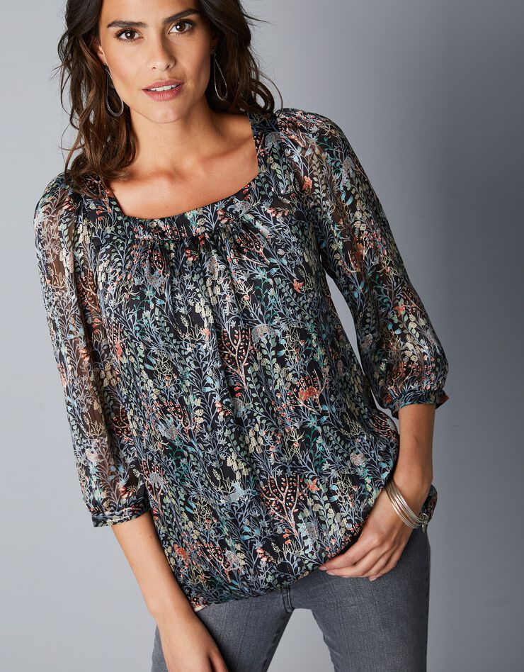 Blouse imprimée fluide col carré, manches 3/4 (noir) Blouse imprimée fluide col carré, manches 3/4 (noir)