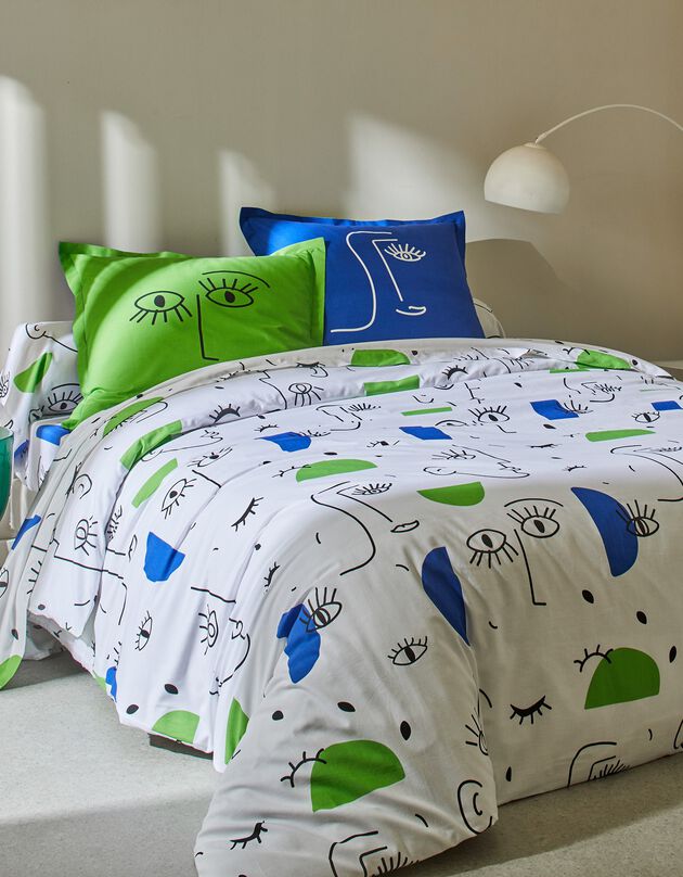 Linge de lit Vitaly coton à motifs visages (blanc / bleu)