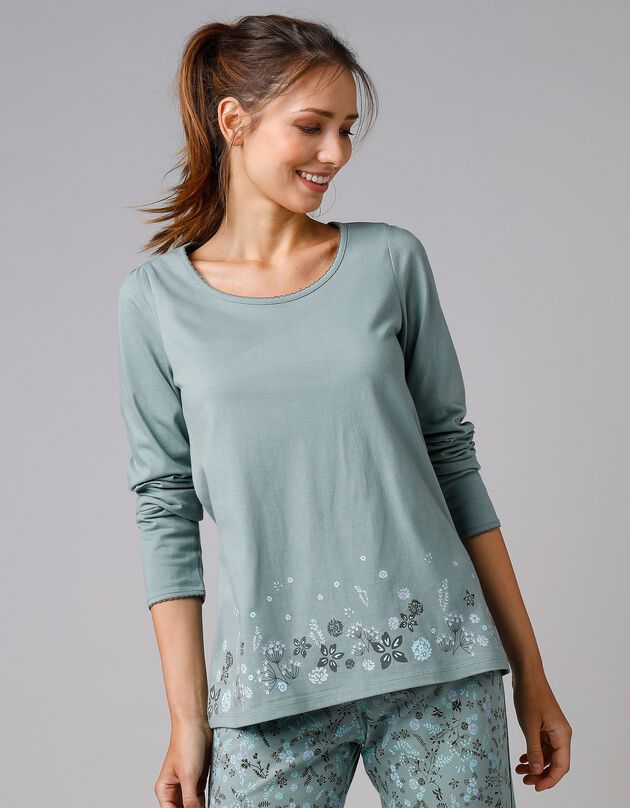 Tee-shirt de pyjama manches longues imprimé base fleurs (kaki)