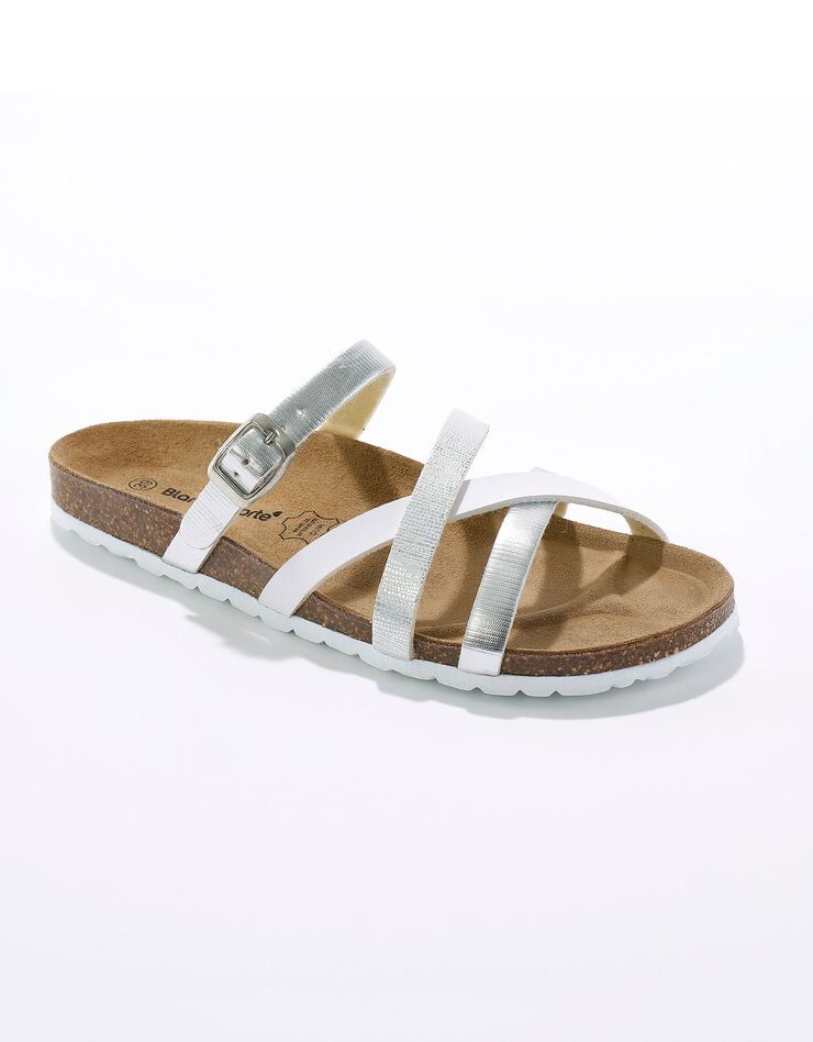 Mules compensées multibrides à boucle réglable en cuir semelle liège (argenté / blanc) Mules compensées multibrides à boucle réglable en cuir semelle liège (argenté / blanc)