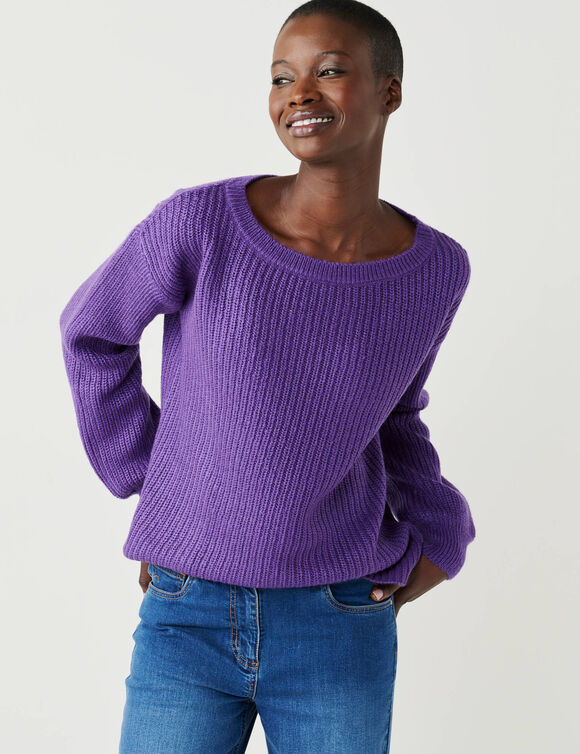Pull col bateau &agrave; manches blousantes, maille anglaise (violet)