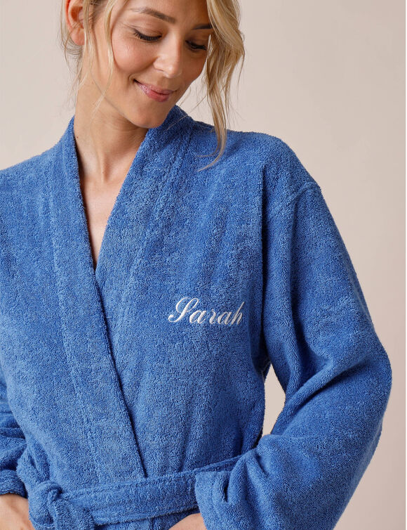Peignoir mixte adulte uni coton éponge bouclette col kimono personnalisé (bleu dur)