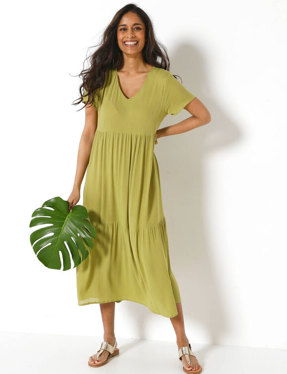 Robe col V longue unie, cr&eacute;pon (vert mousse)