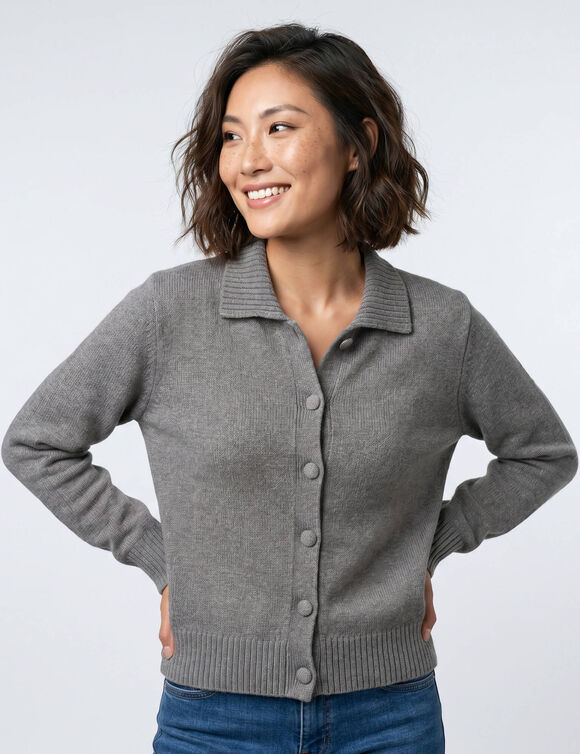 Gilet col polo uni, maille moelleuse (gris chin&eacute;)