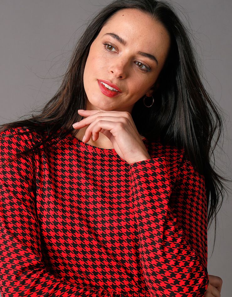 Tee-shirt col rond imprimé pied-de-poule, stretch (noir / rouge) Tee-shirt col rond imprimé pied-de-poule, stretch (noir / rouge)