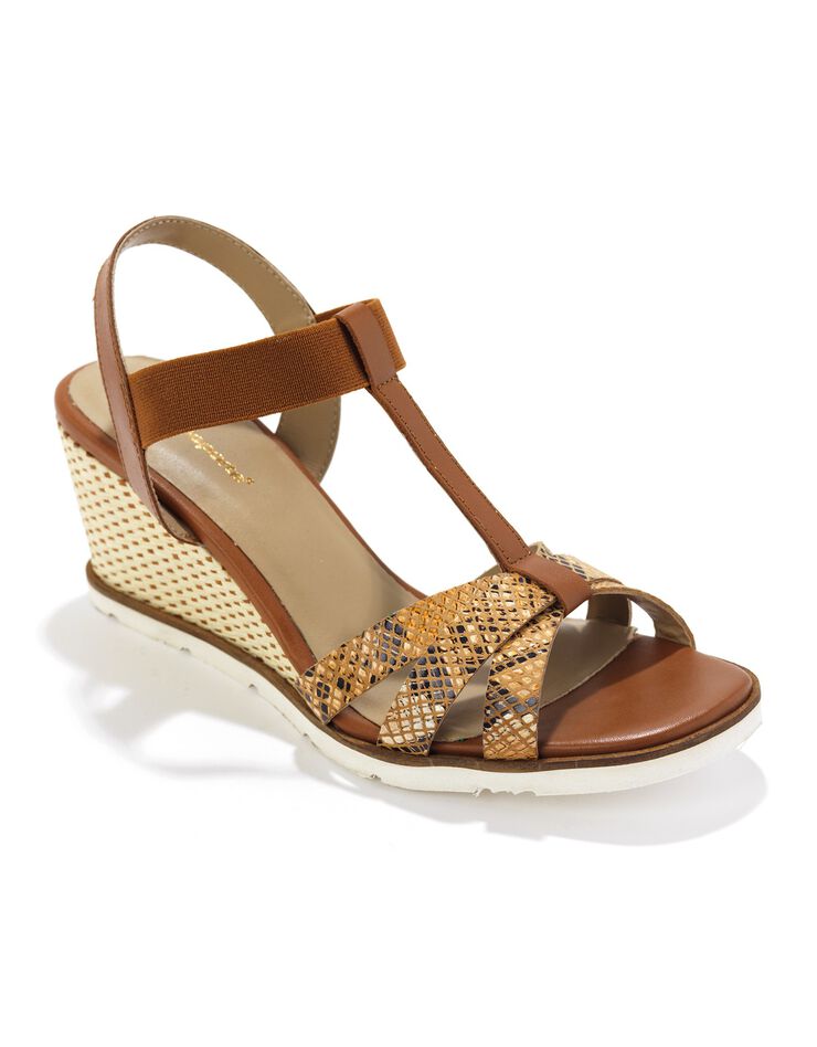 Salomés compensées en cuir effet python, talon fantaisie  (caramel)