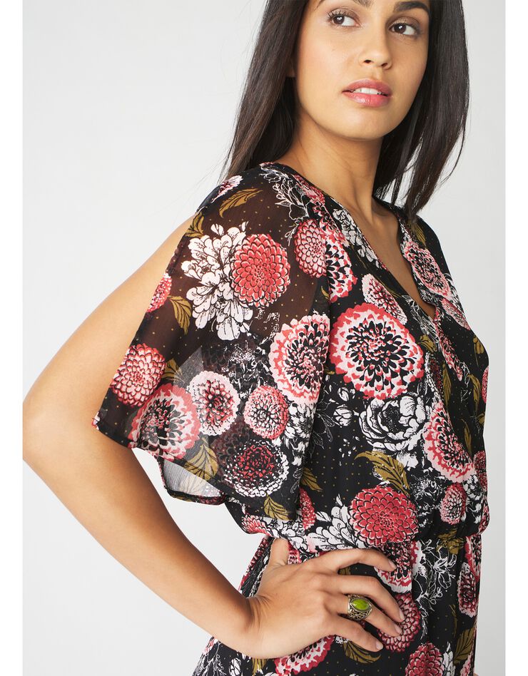 Robe cache-cœur mi-longue en voile imprimé (noir / paprika) Robe cache-cœur mi-longue en voile imprimé (noir / paprika)