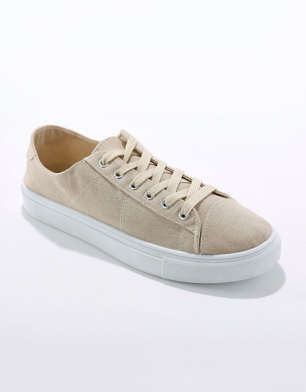 Tennis lacées en toile à semelle plateforme compensée (beige)