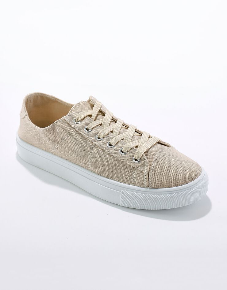 Tennis lacées en toile à semelle plateforme compensée (beige)