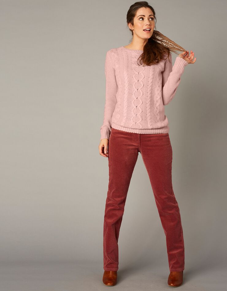 Pull col rond, maille torsadée (rose poudré) Pull col rond, maille torsadée (rose poudré)