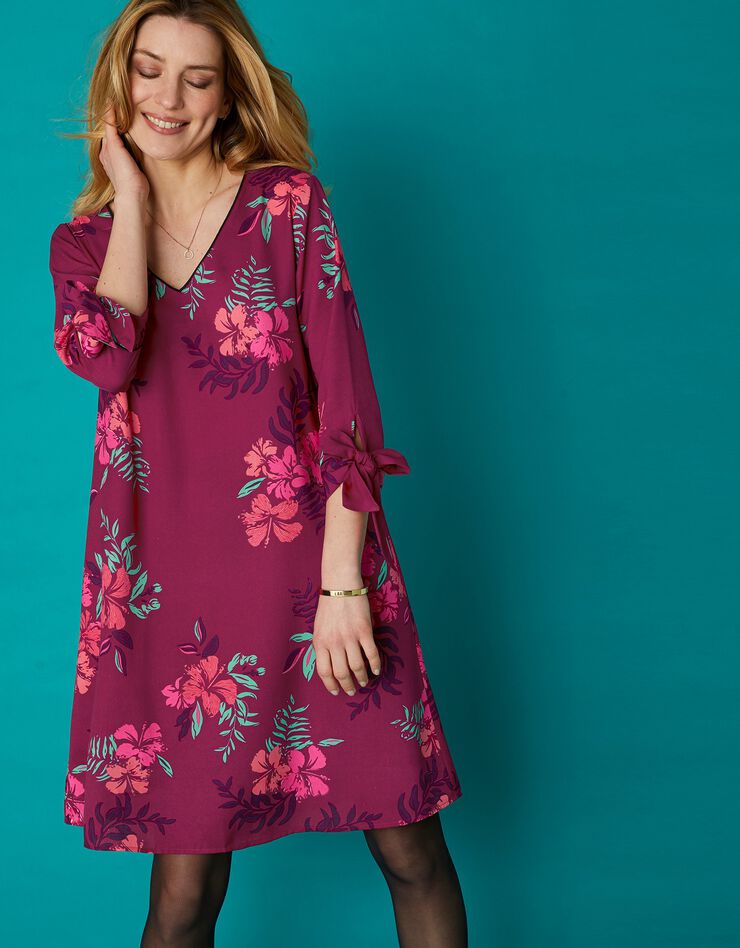 Robe évasée imprimée biais contrastés (prune / corail) Robe évasée imprimée biais contrastés (prune / corail)