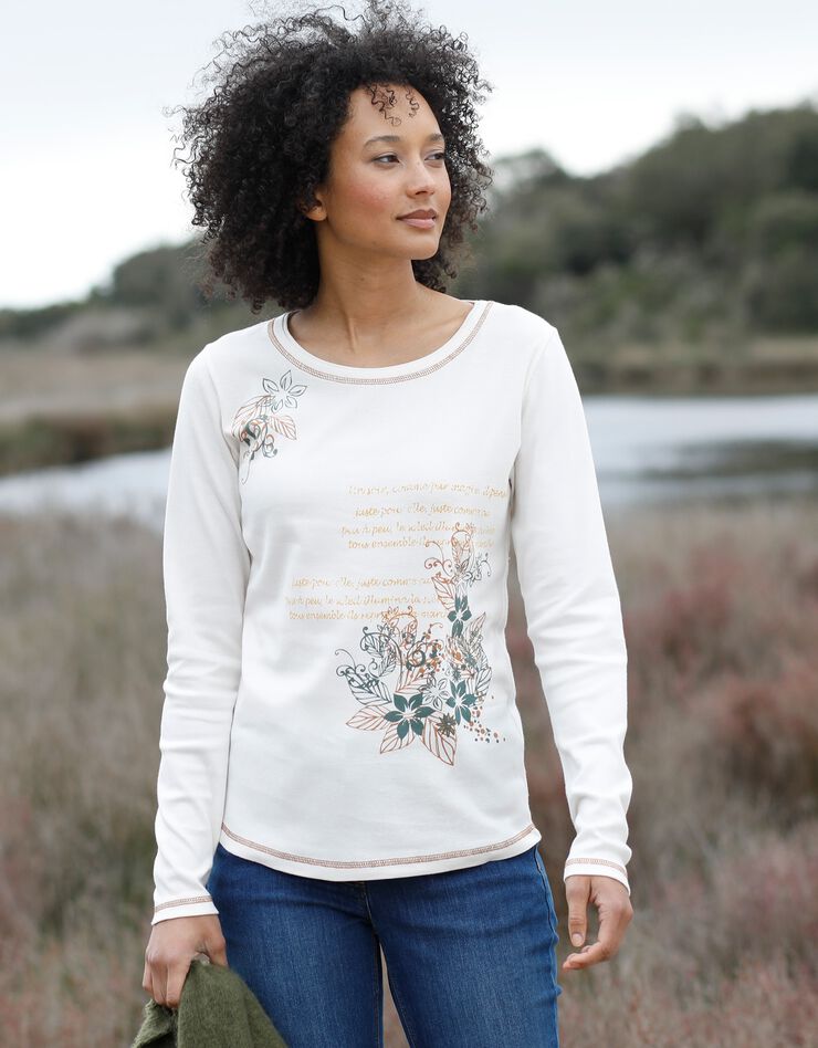 Tee shirt manches longues imprimé fleuri (écru / noisette) Tee shirt manches longues imprimé fleuri (écru / noisette)
