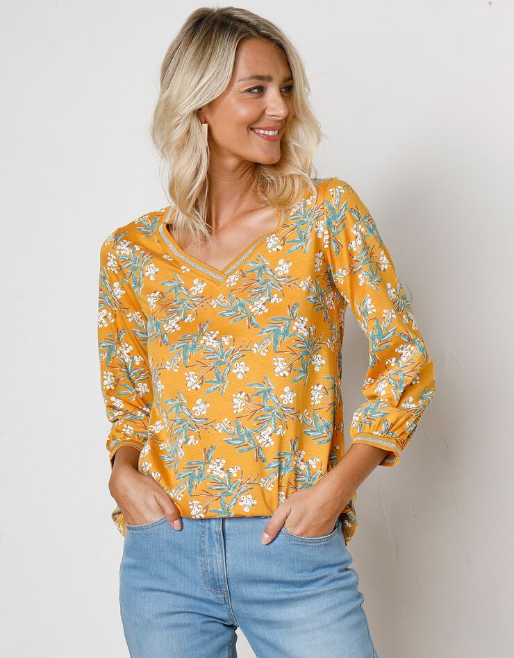Tee-shirt manches 3/4 imprimé tropical (safran / kaki) Tee-shirt manches 3/4 imprimé tropical (safran / kaki)