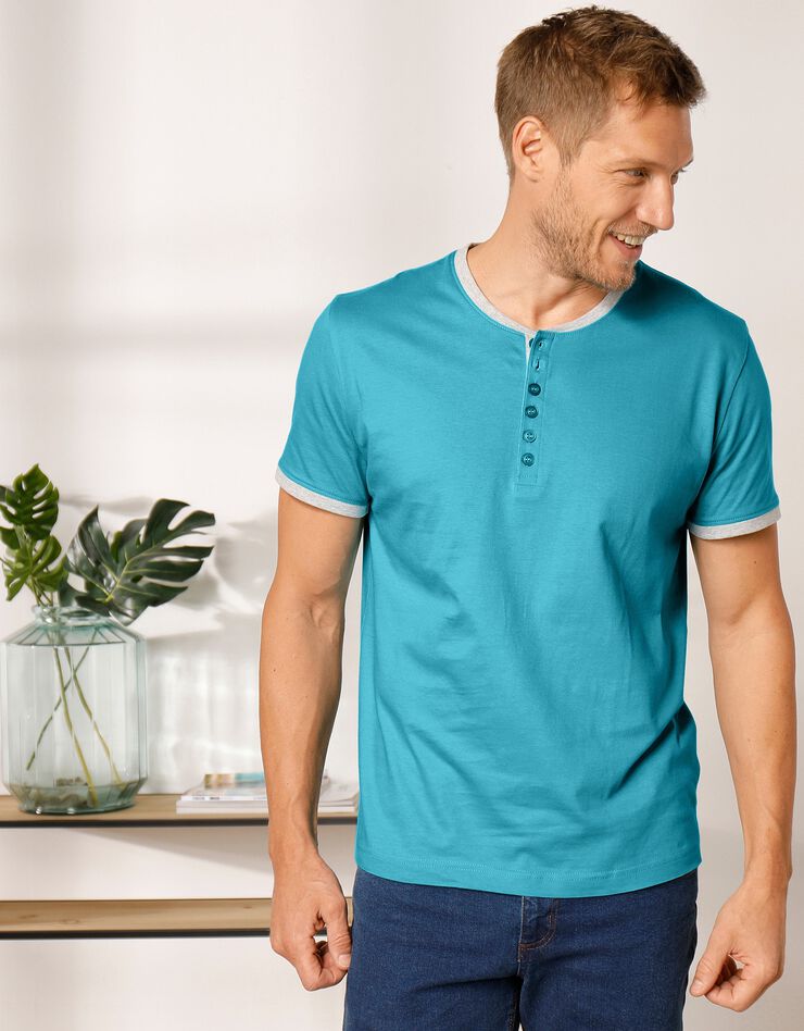 Tee-shirt uni col tunisien (turquoise) Tee-shirt uni col tunisien (turquoise)