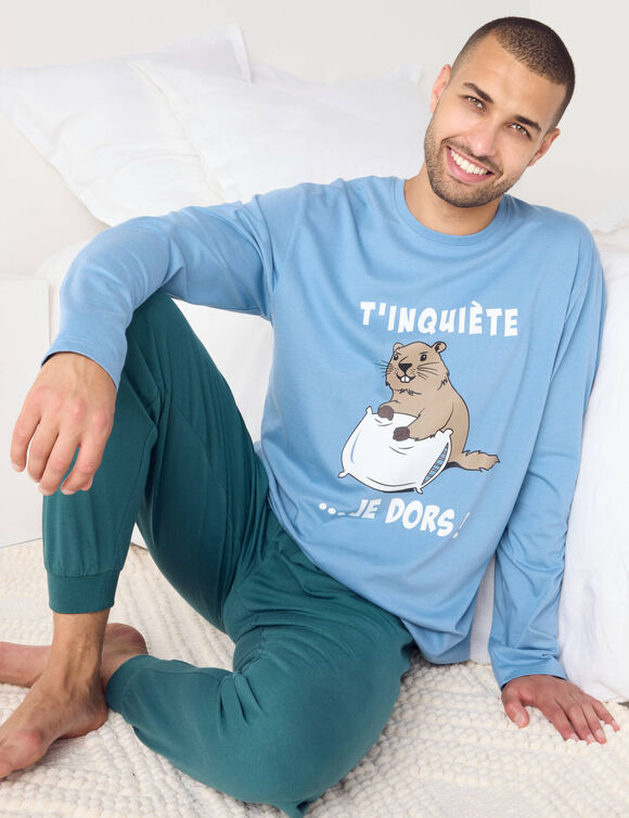 Pyjama pantalon manches longues Marmotte (bleu / vert)