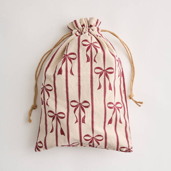 Pochon en tissu motif n&oelig;ud - lot de 2 (naturel/rouge)