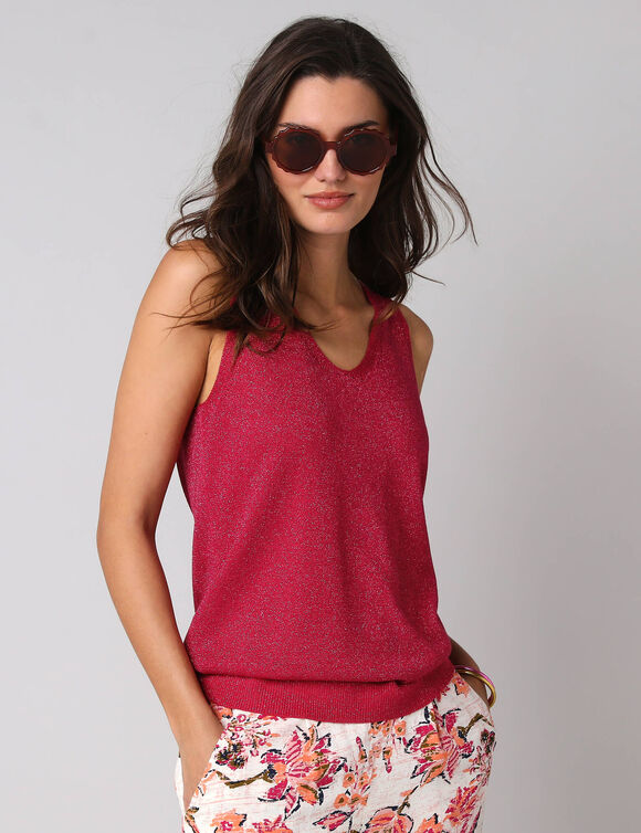 D&eacute;bardeur col V fine maille et fil brillant (framboise)