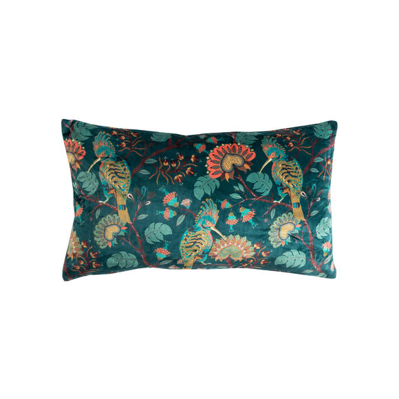 Coussin rectangulaire velours motif oiseaux et fleurs  (vert canard / miel)