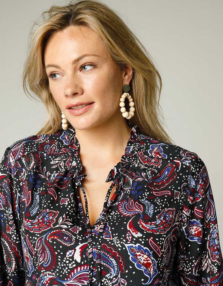 Blouse volantée imprimée cachemire (noir / bleu) Blouse volantée imprimée cachemire (noir / bleu)