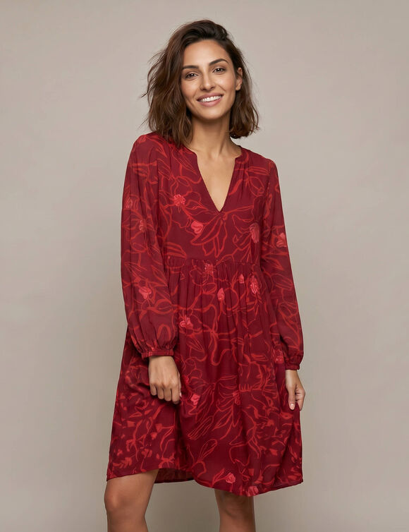 Robe courte col rond, manches 7/8&egrave;me, imprim&eacute; fleurs (bordeaux / rouge)