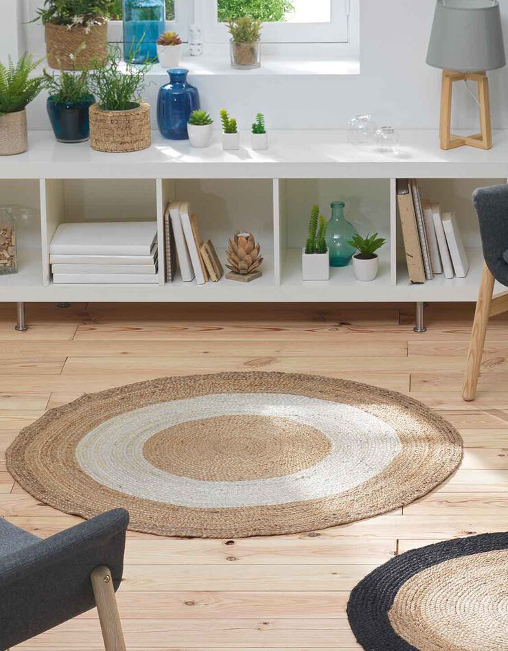 Tapis rond bicolore blanc en jute (blanc / naturel)