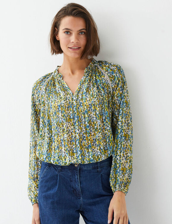 Blouse en voile imprim&eacute; tachiste (bleu gris&eacute;)