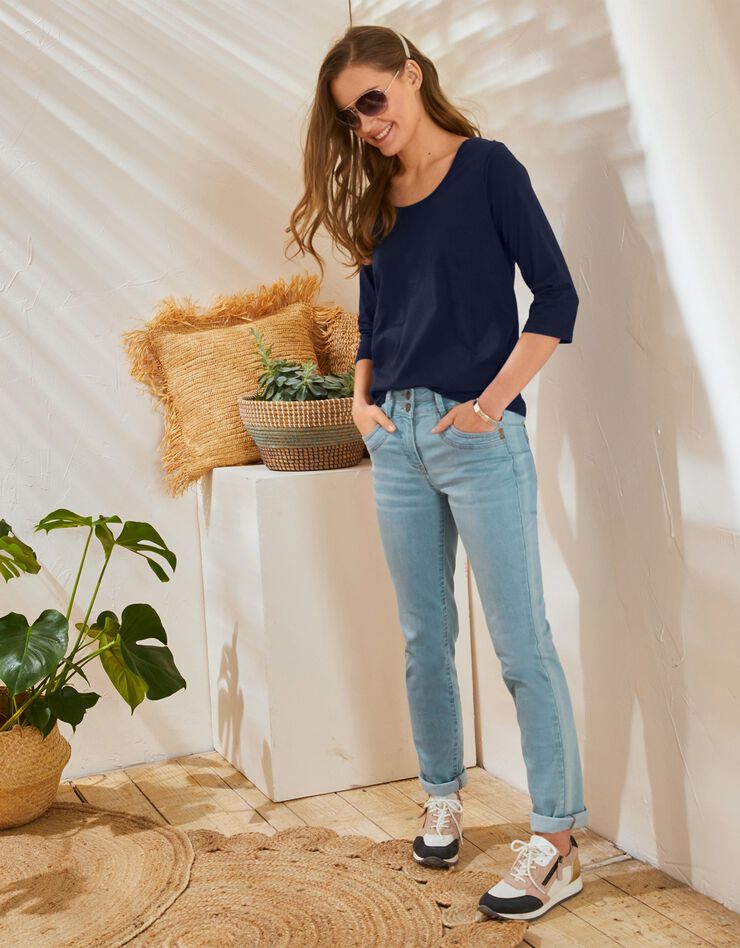 Tee-shirt manches 3/4 col rond uni coton (marine) Tee-shirt manches 3/4 col rond uni coton (marine)