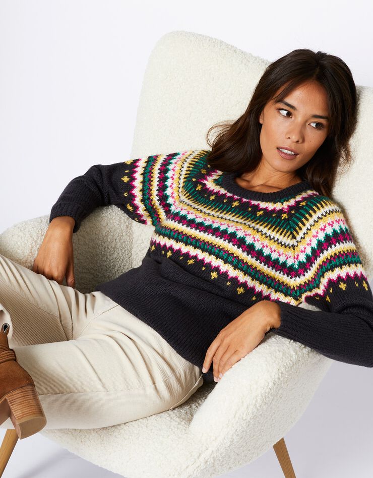 Pull col rond motif jacquard, toucher mohair (anthracite / miel) Pull col rond motif jacquard, toucher mohair (anthracite / miel)