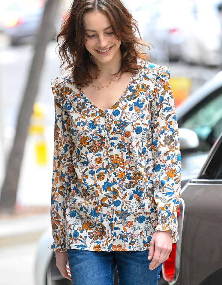 Blouse volantée boutonnée fleurie (beige / bleu) Blouse volantée boutonnée fleurie (beige / bleu)