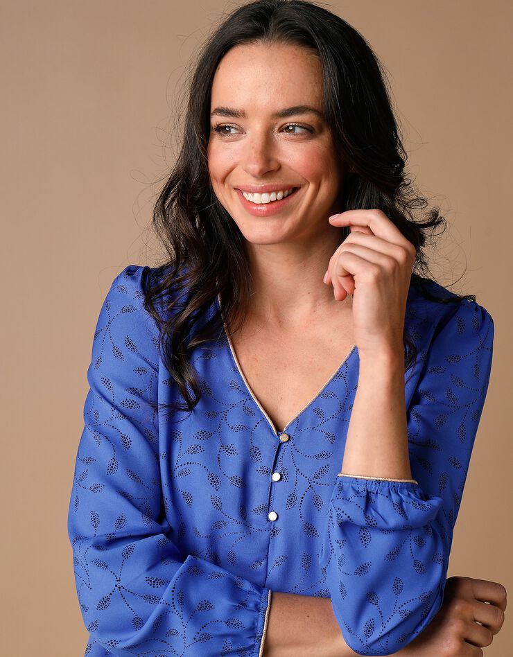 Blouse évasée détails dorés imprimé bicolore, crêpe (bleu dur / noir) Blouse évasée détails dorés imprimé bicolore, crêpe (bleu dur / noir)