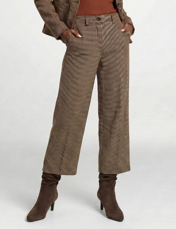 Pantalon taille haute &agrave; carreaux, effet jupe-culotte (marron)