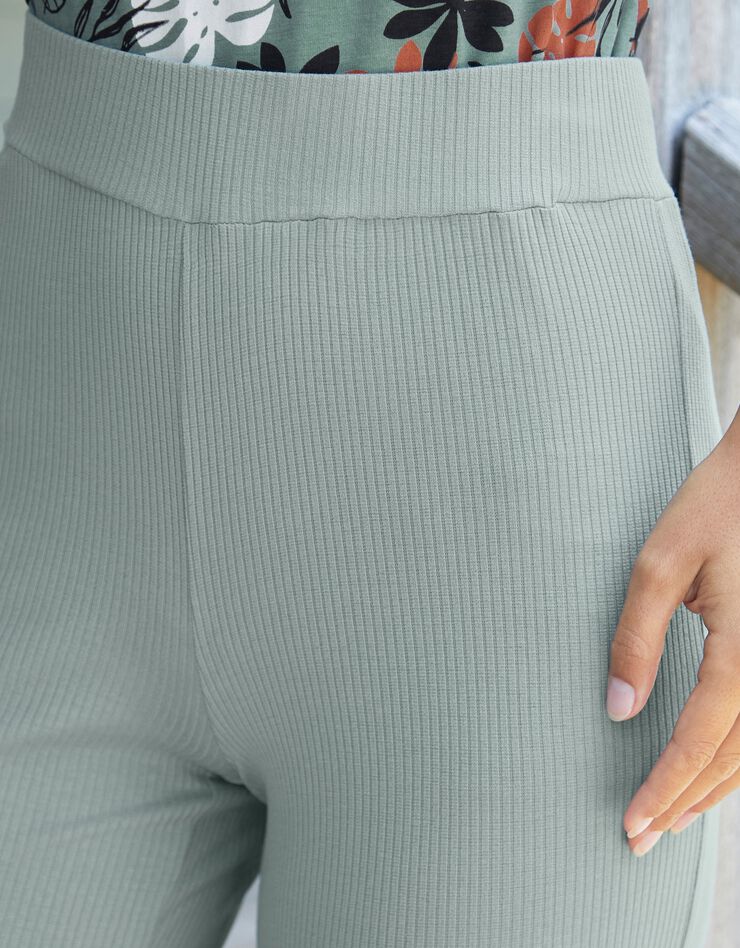 Pantalon large maille côtelée taille élastiquée (vert grisé)